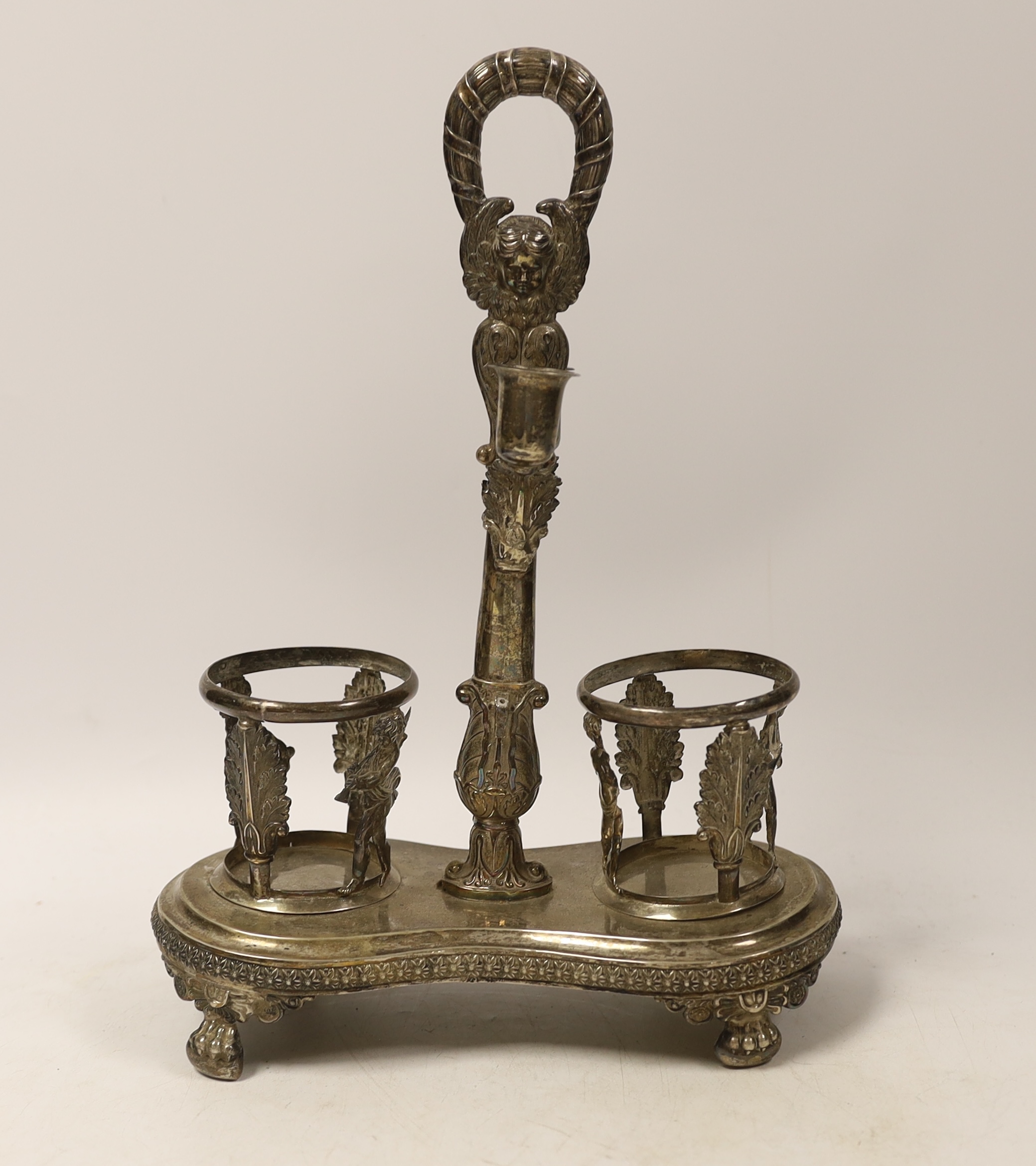 A 19th century Italian? white metal Empire style oil and vinegar stand, eight 31.5cm, 11.8oz. Condition - fair